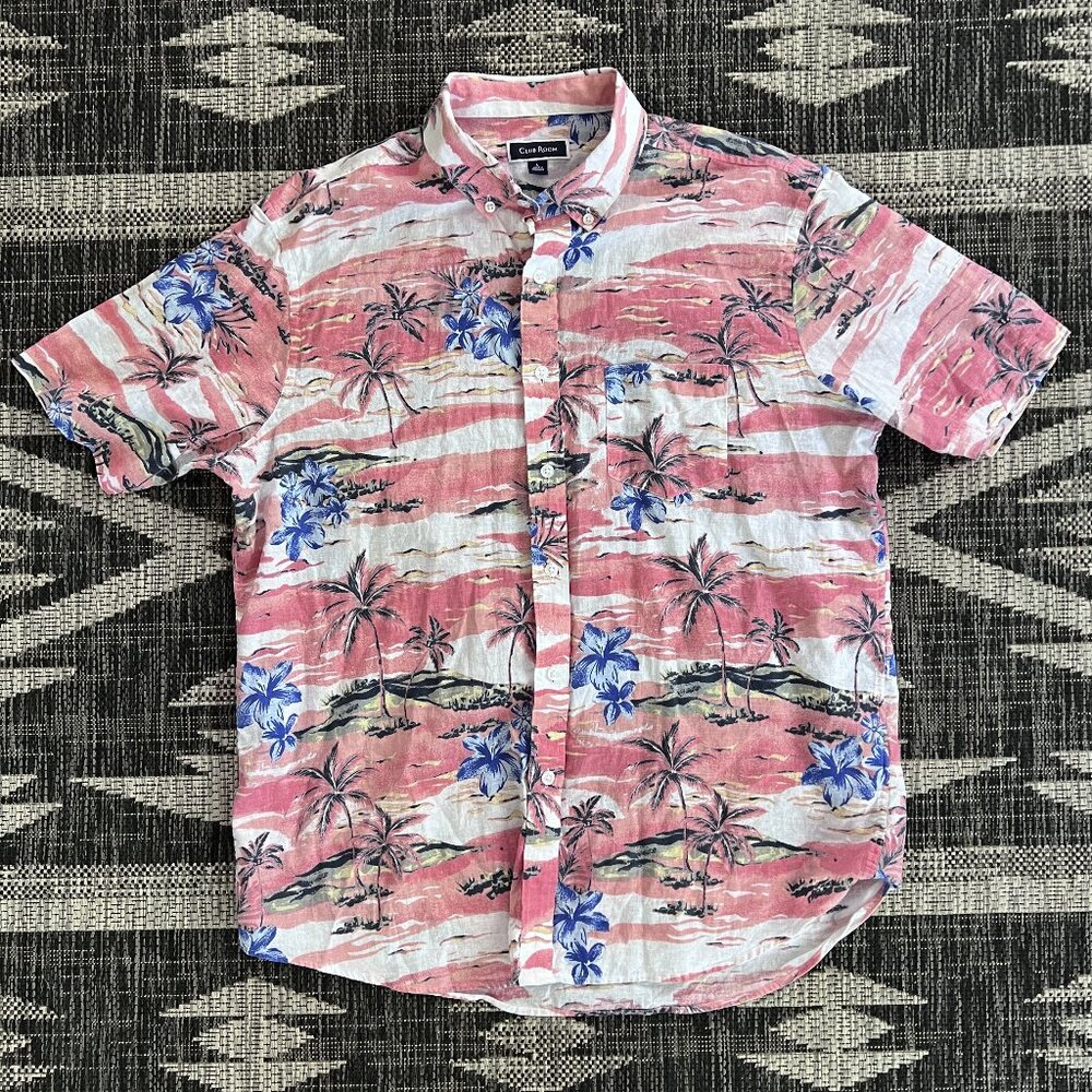 Club Room Hawaiian Shirt Mens Large Linen Blend Button Down S/S